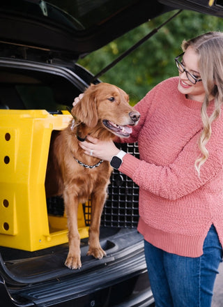 Woman petting dog in the back end of an SUV in a Ruff Land Sunflower color kennel.