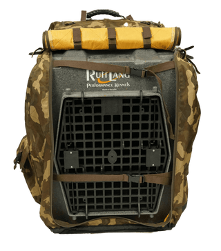 Front view of the RuffLand® Double Door Insulated Kennel Cover, featuring mesh windows for ventilation.
