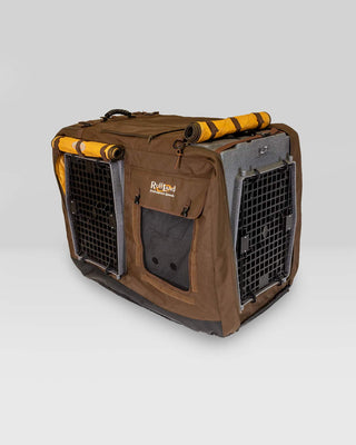 RuffLand® Double Door Insulated Kennel Cover in brown with dual door openings and heavy-duty zippers, perfect for transport and protection.
