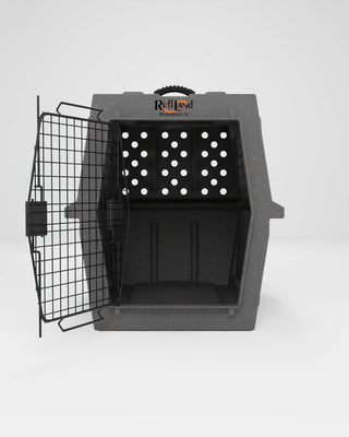 Pet carrier with open door on a white background