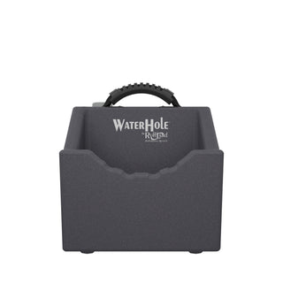 Front view of the Water Hole™ water container by RuffLand, showcasing the dark gray design and handle.