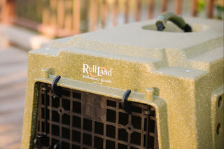 Close up of Ruff Land logo on Olive Drab kennel