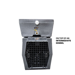 Water Topper™ placed on an Intermediate RuffLand® kennel, illustrating compatibility and utility for pet owners.