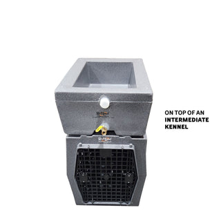 Water Topper™ positioned on an Intermediate kennel, emphasizing its integrated water storage and storage space.
