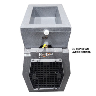 Water Topper™ with the top lid opened, atop a Large RuffLand® kennel displaying its spacious storage.