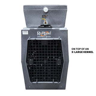 Water Topper™ accessory placed on an X-Large RuffLand® kennel, featuring a dual-purpose design and a storage area.
