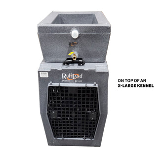 Water Topper™ with an open storage lid, positioned on top of an X-Large RuffLand® kennel for easy access.