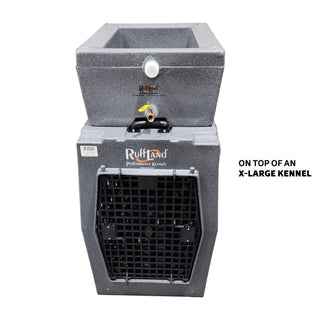 Water Topper™ with an open storage lid, positioned on top of an X-Large RuffLand® kennel for easy access.