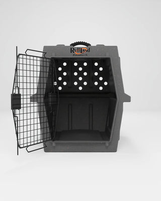 Millstone gray airline 300 et carrier with open door from RuffLand Kennels on a white background.