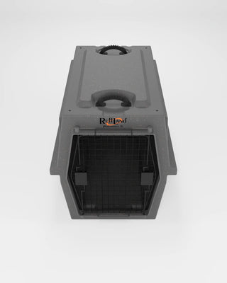 Top angle view of the millstone gray airline 300 pet carrier from RuffLand Kennels with a black wire door on a white background.