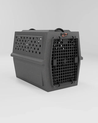 Side angle of the Airline Kennel - 400 Series (LG) by RuffLand® Performance Kennels, highlighting its durable material and ventilation openings.