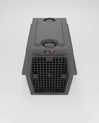 Top-down view of the Airline Kennel - 400 Series (LG) from RuffLand® Performance Kennels, featuring a secure locking mechanism and ergonomic handles.