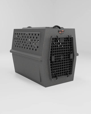 Angled view of the RuffLand® 500 Series XL Airline Dog Kennel showing good ventilation features and sturdy construction, perfect for comfortable travel.