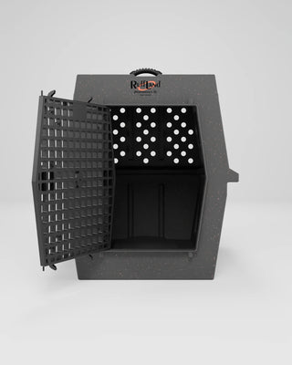 Open view of the RuffLand® 500 Series XL Airline Dog Kennel with the door propped open, showcasing its spacious interior and travel-friendly design.