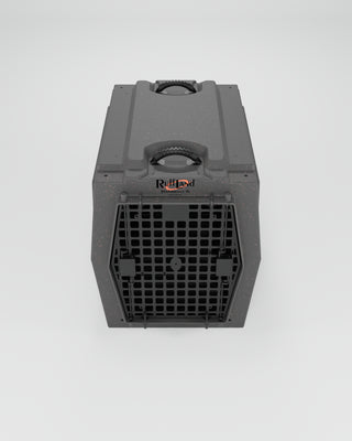 Front view of RuffLand Backseat Rider Kennel showcasing the grid design and locking mechanism.