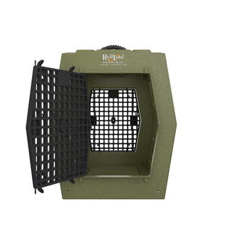 Side view of the Large Kennel by RuffLand® Performance Kennels in a textured gray, showing its sturdy build and ventilation.