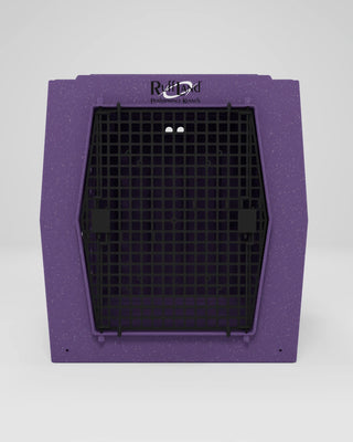 Purple Titan Kennel from RuffLand Kennels, front view.