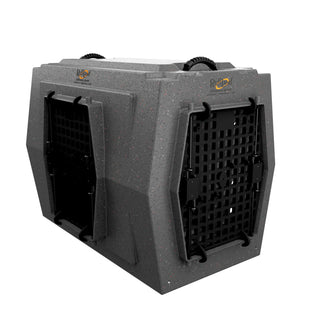 Side view of the Large Kennel by RuffLand® Performance Kennels in gray, emphasizing the design and dual door features.