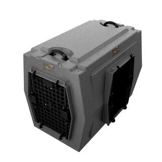 Angled view of the Large Kennel by RuffLand® Performance Kennels in gray, with a focus on its robust features and ventilation.