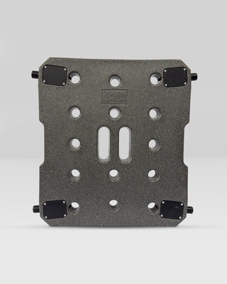 Gray metal bracket with multiple holes and black fasteners on a light gray background