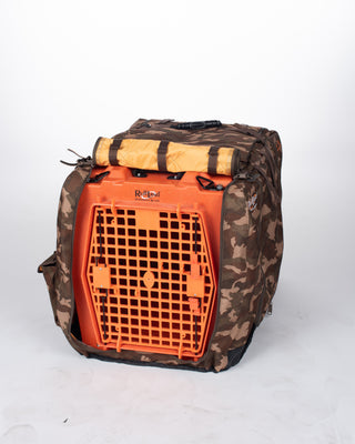RuffLand® Kennel Cover in Camo with the front flap rolled up.